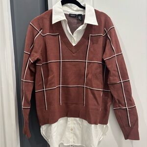 Brown V-Neck Sweater with attached Blouse